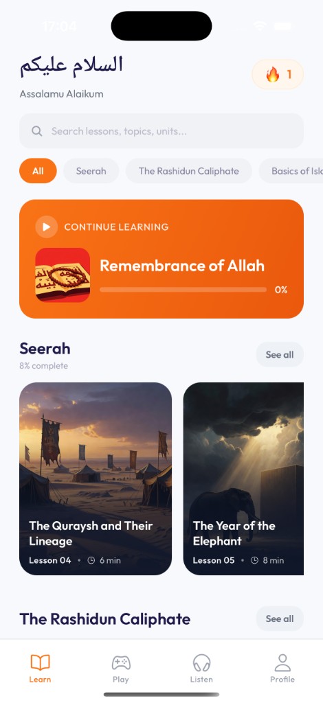 Reewa app screenshot showing lessons, topics, and daily streaks